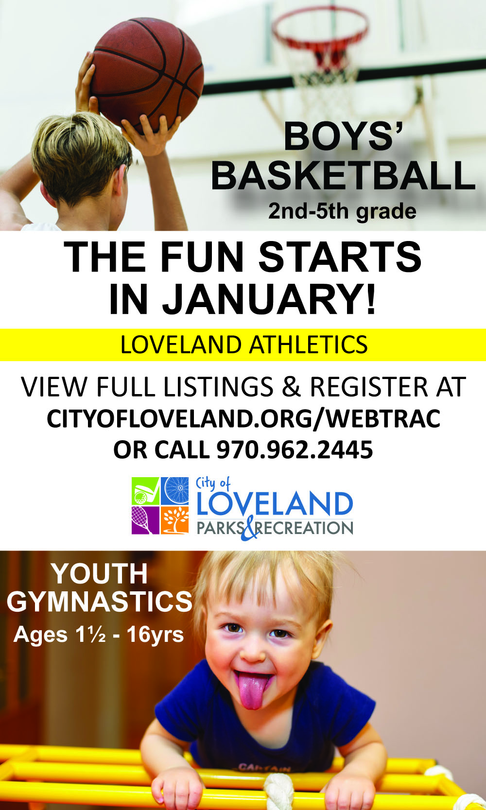 boys' basketball and youth gymnastics in Loveland