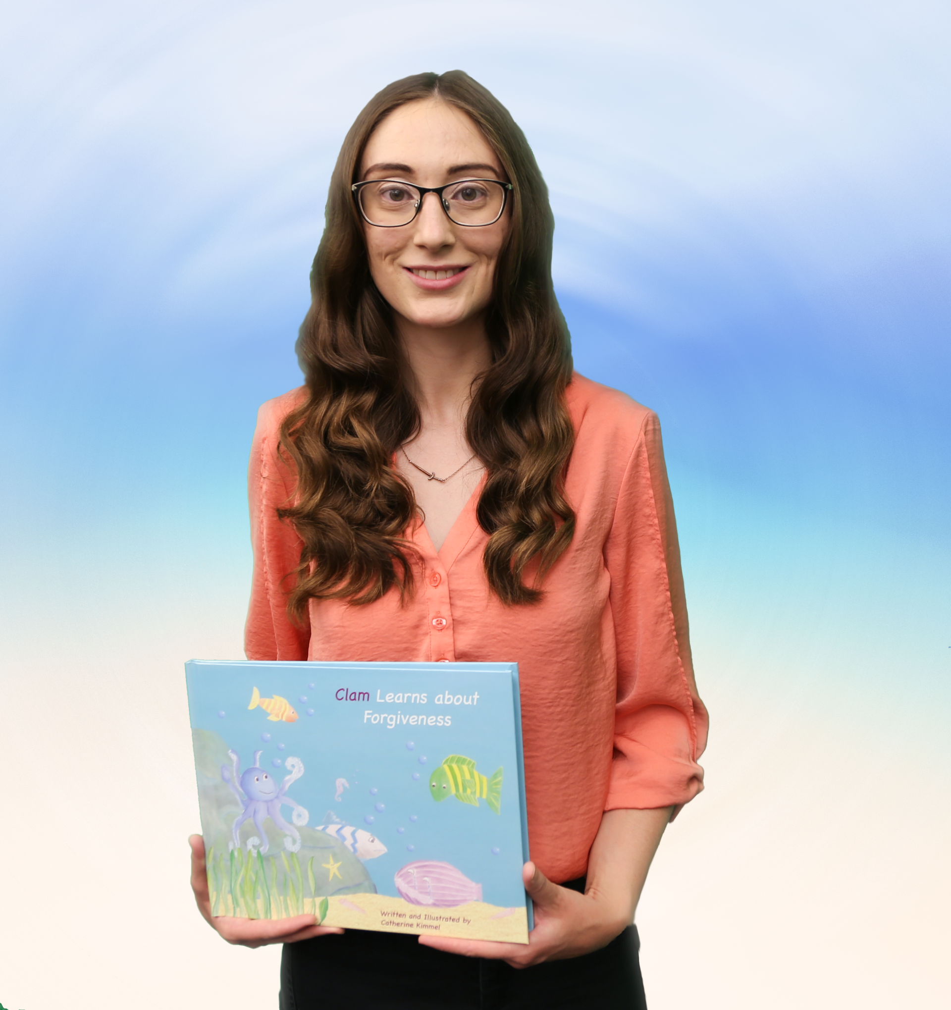 Long haired feminine presenting person with pink blouse holding book