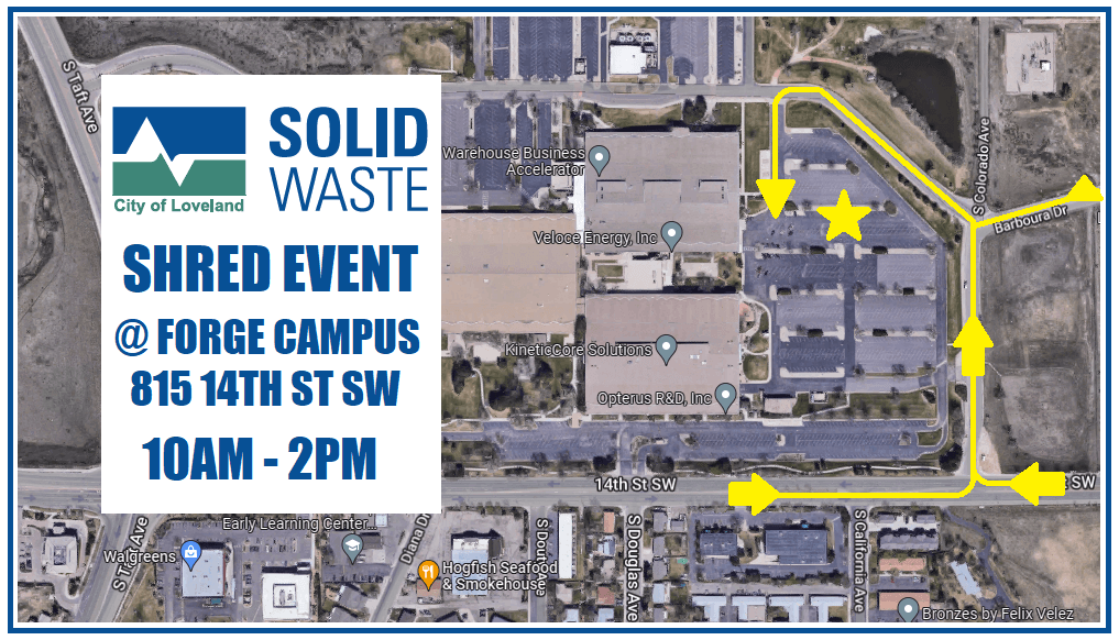 A map of the Forge Campus. Access to the shred event from S. Colorado Ave. or Barboura Dr.