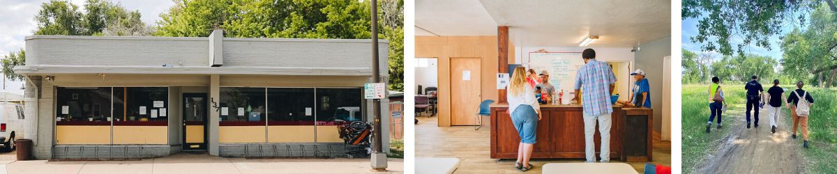 A collage of three photos: 1, the exterior of the Loveland Resource Center; 2, two individuals smiling inside the resource center; 3, members of the encampment team