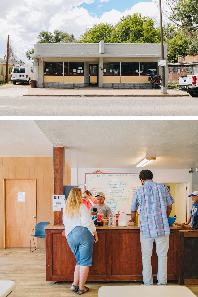 A collage of two photos stacked. The top photo is an exterior view of the Loveland Resource Center. The bottom is a photo of the interior of the LRC. Several people stand behind a counter assisting others.