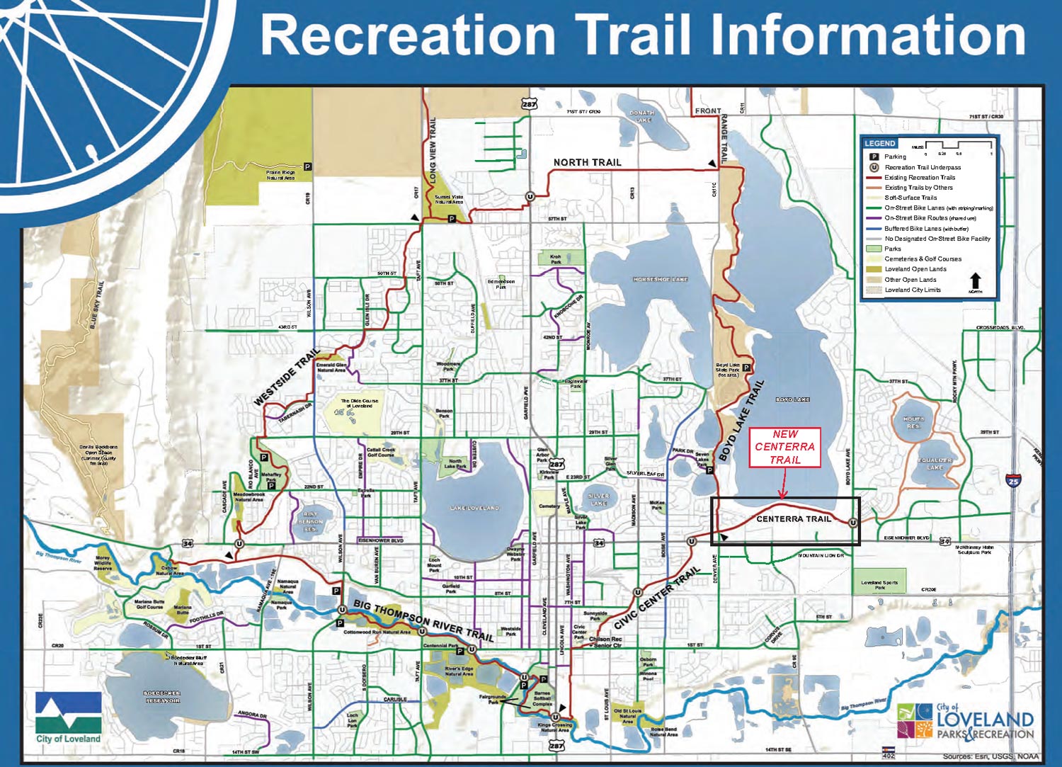 A Recreation Trail map with the new Centerra Trail highlighted.