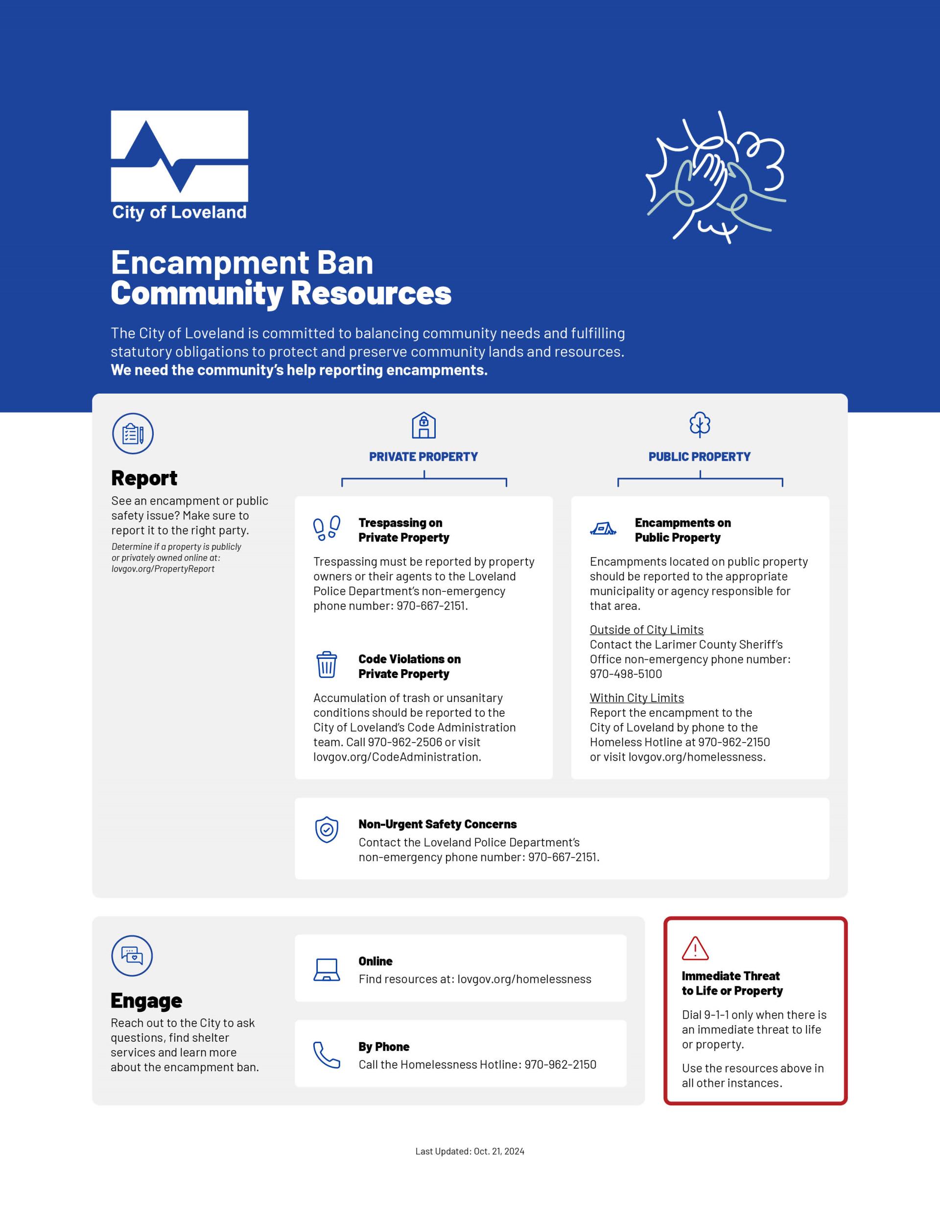 Decision tree with information about who Loveland residents and business should contact if they need to report an encampment, trespassing or more.