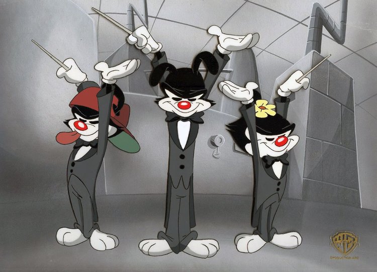 three animaniac cartoon characters with their hands in the air