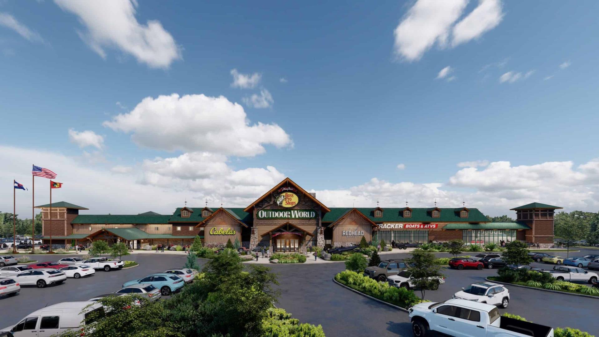 A rendering showing the outside of what the planned Bass Pro Shops building in Loveland will look like.