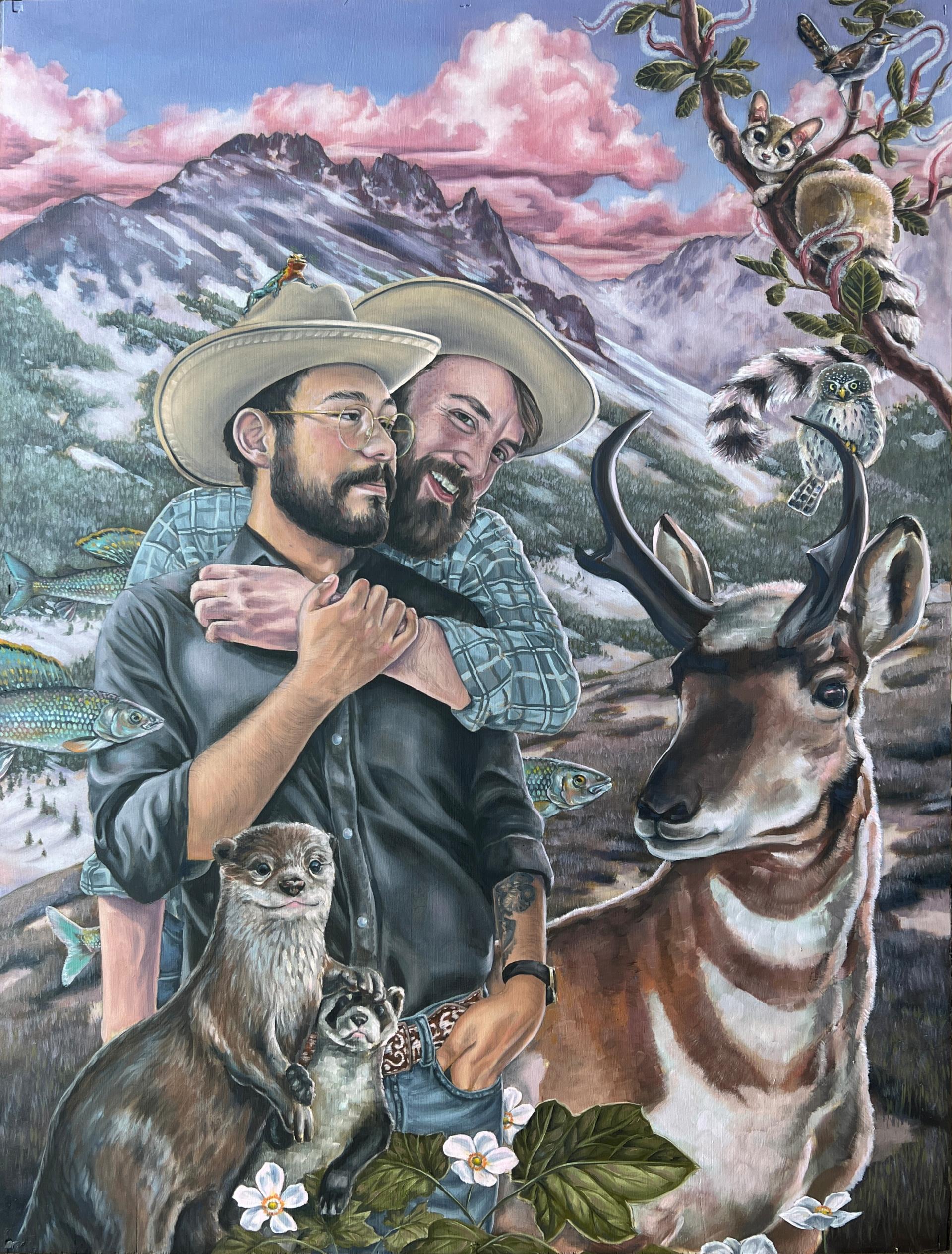 painting of two men and animals