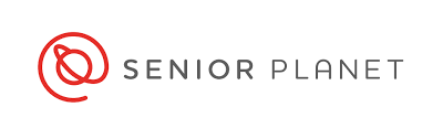 Senior Planet Logo, red line icon of a planet followed by the words, "Senior Planet"