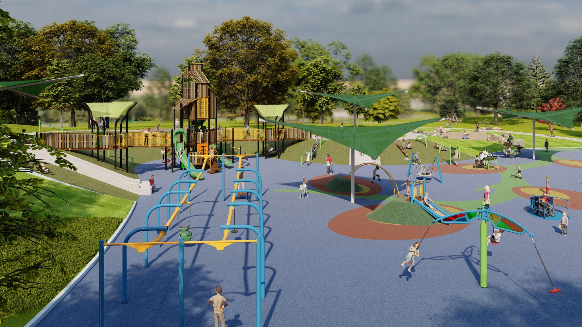 Rendering view of Willow Bend Park Universal Access Playground featuring the zip line and swing equipment