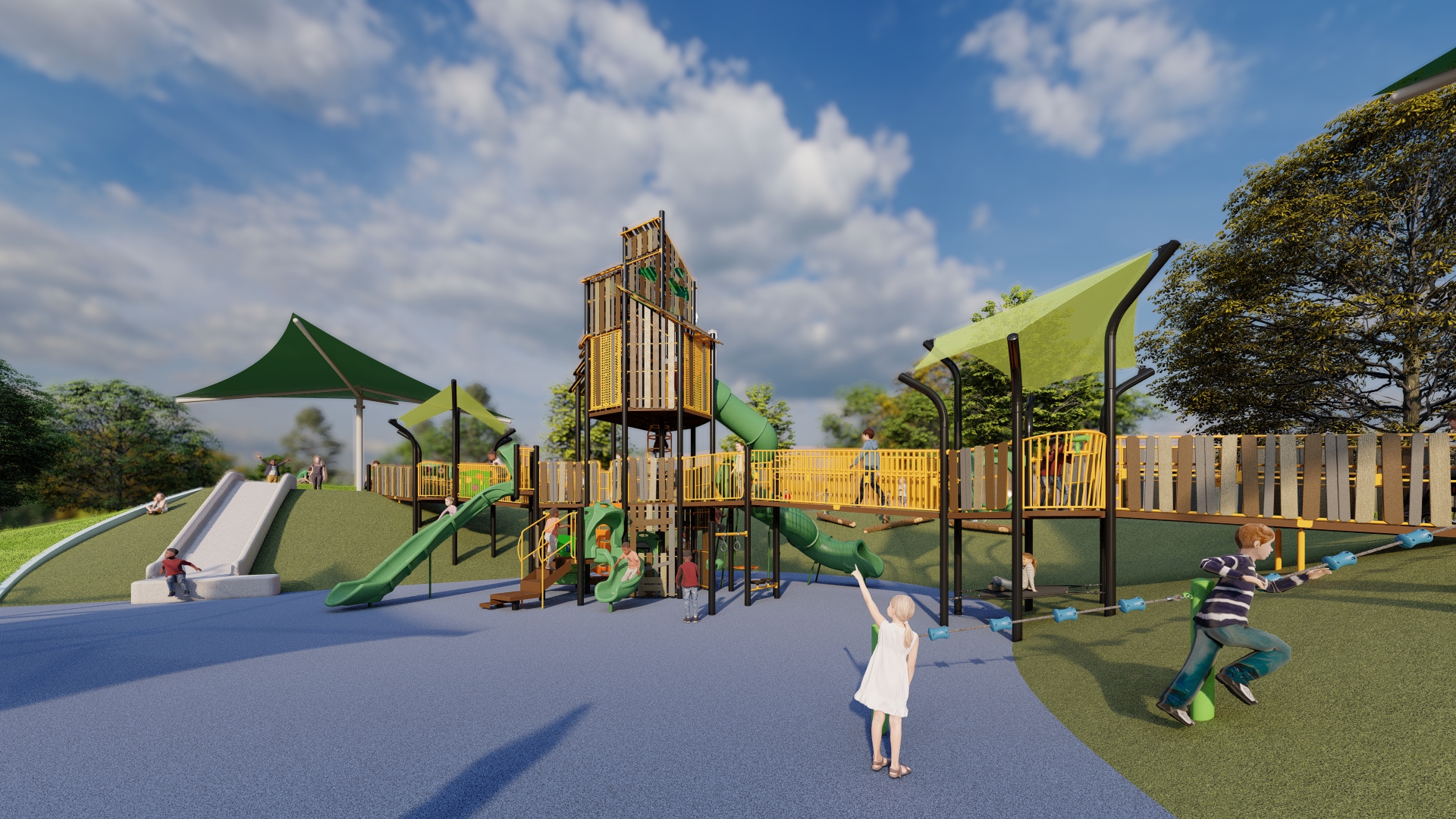 Rendering view of Willow Bend Park Universal Access Playground featuring the wheelchair accessible play structure