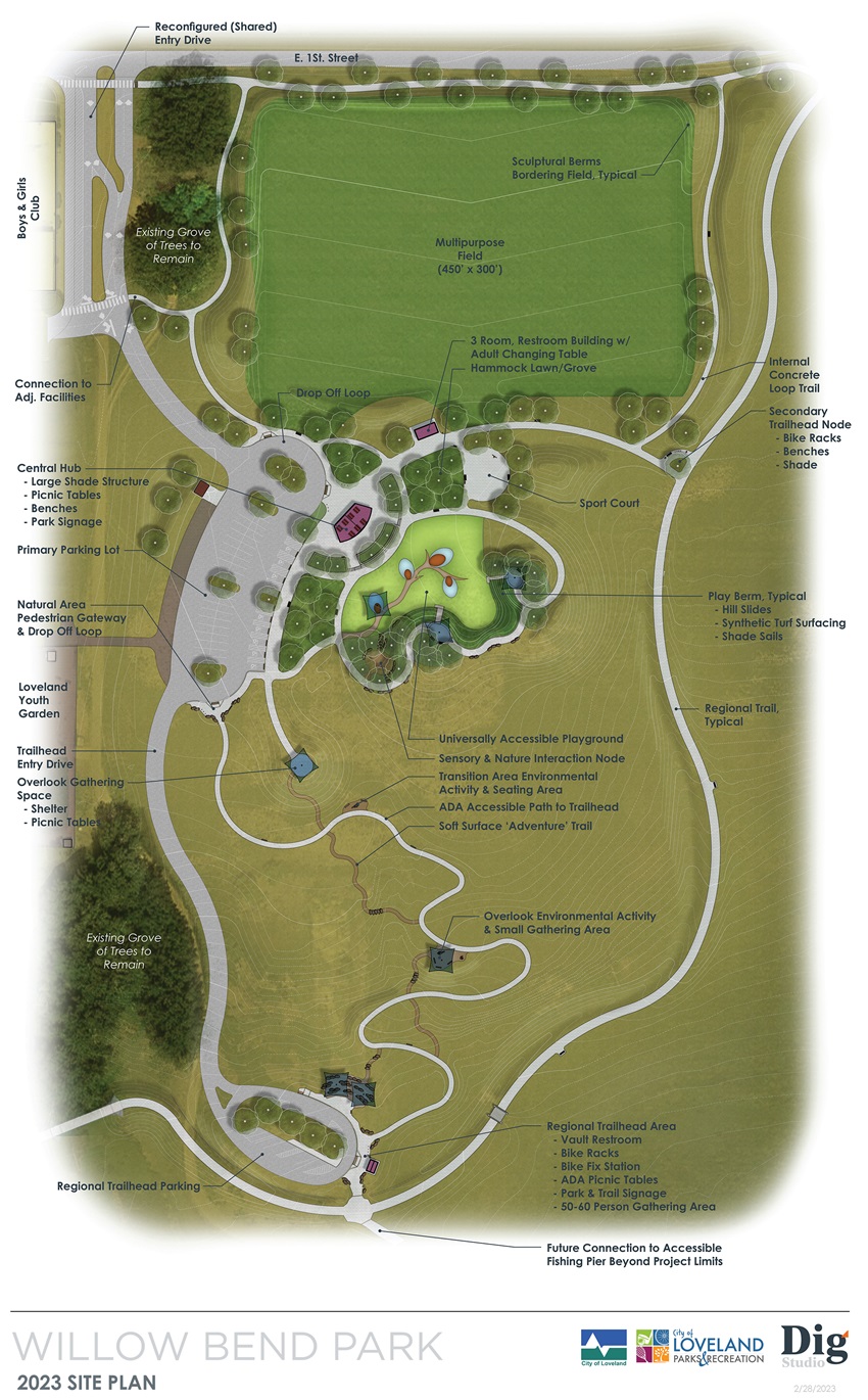 Willow Bend Park Site Plan showing, from north to south, a playfield, universal access playground with parking, natural area transition area with trail circuit, natural area trailhead