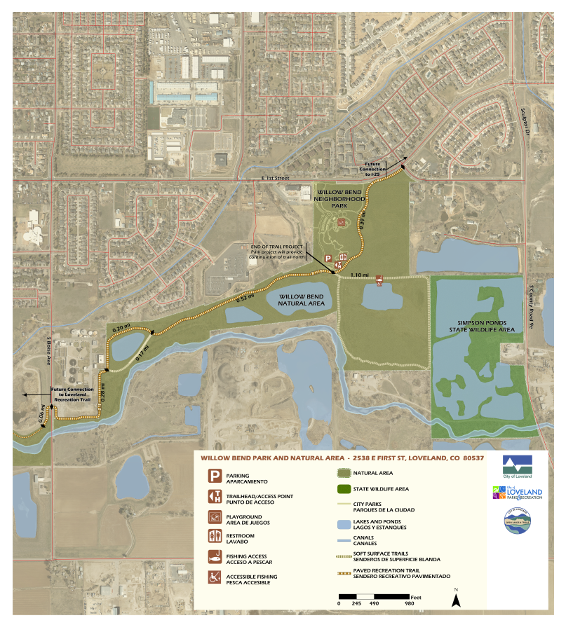 Willow Bend Site Map showing full 160 acre property including park, natrual area and trail