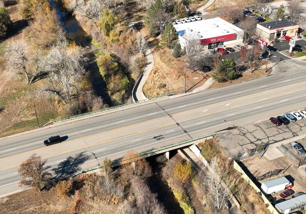 An aerial view of Highway 287 over the Big Thompson River.