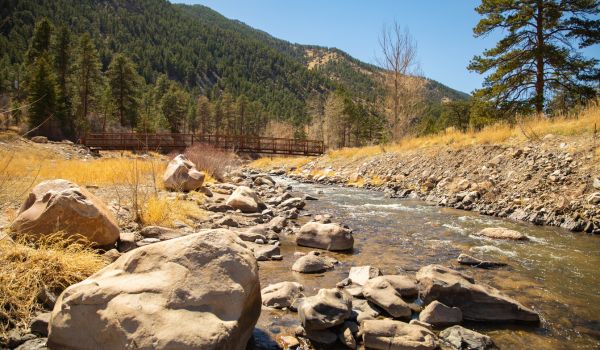 A serene mountain park scene featuring a rocky creek, a bridge in the background, and evergreen trees on a sunny day.