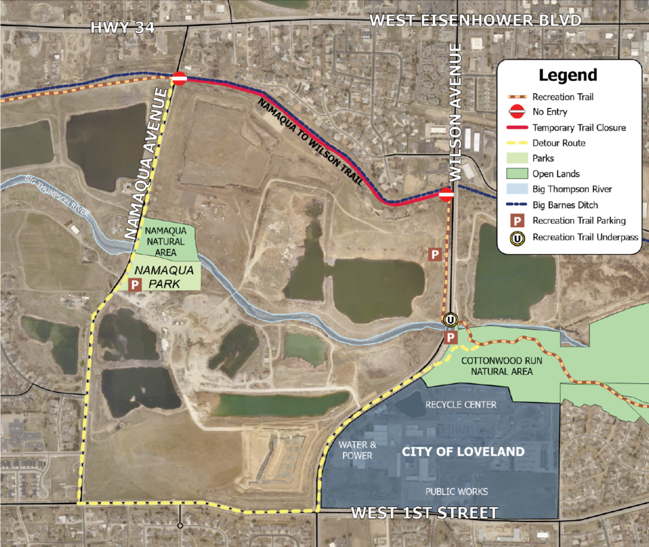 Namaqua to Wilson Detour Map directing trail users to 1st St